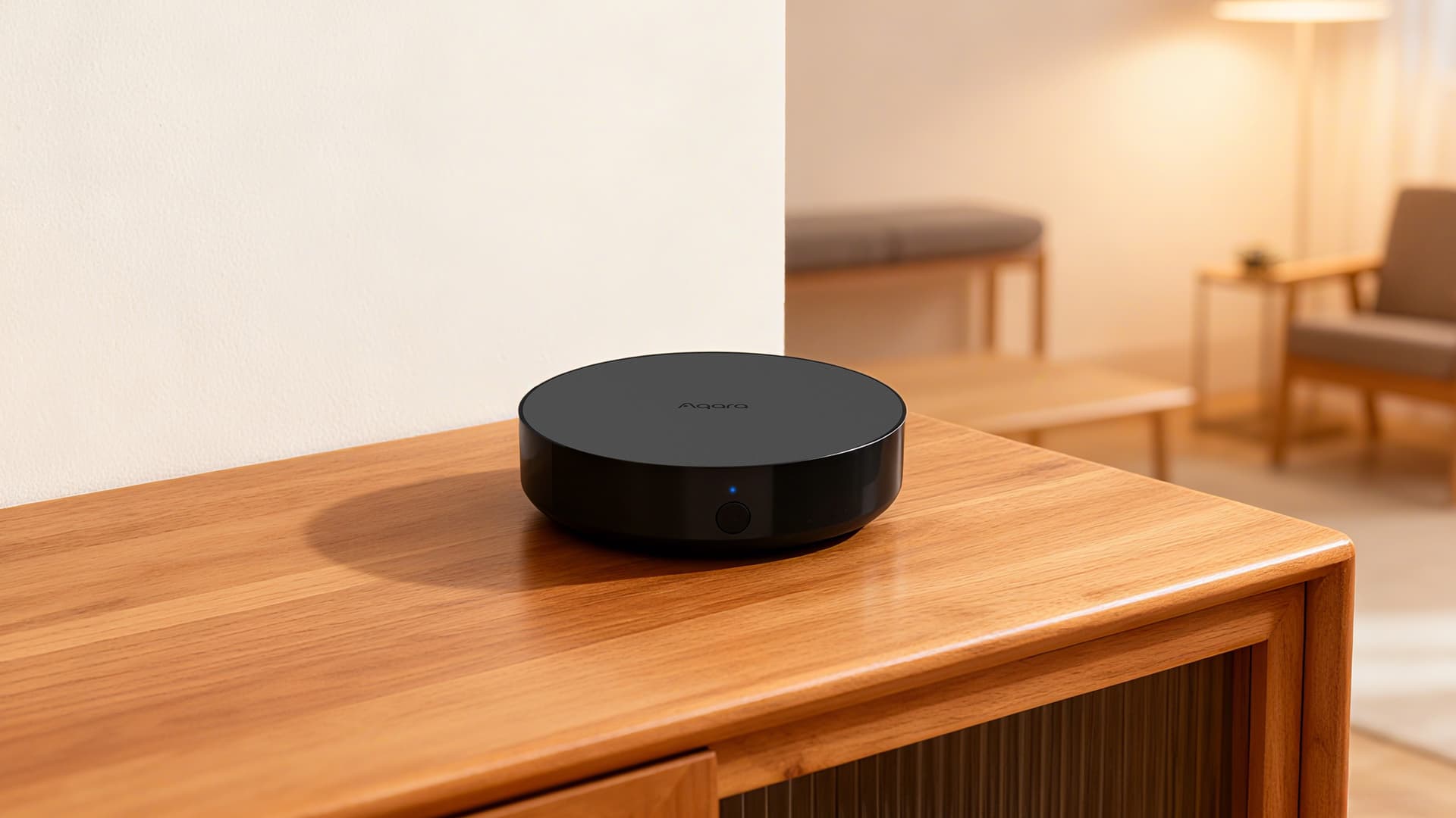 Aqara Hub M200 on a wooden sideboard